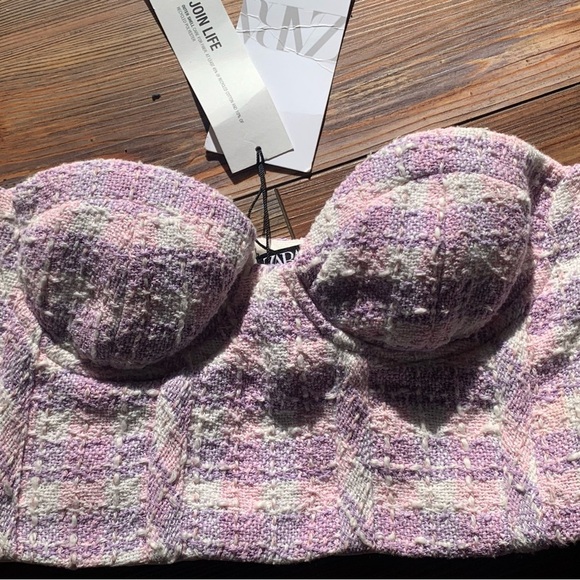 NWT Zara Womens X Small Tweed Bustier Crop Corset Top Pink Purple Plaid XS - Picture 4 of 9